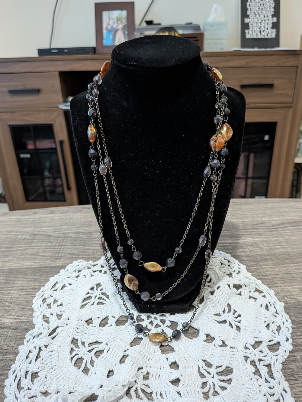 Silver Orange And Black Bead Necklace